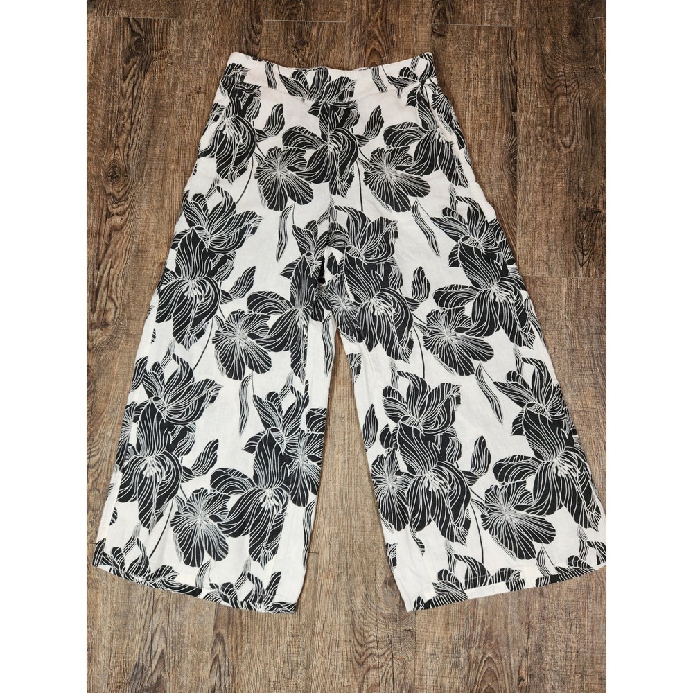Tahari Women Black White Floral 100% Linen Wide Leg Pants Size M Smocked Waist
